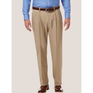 NWT Savane Elastic Comfort Waist Dress Khaki Pleated Cuffed Pants Men 40x32 (B5)